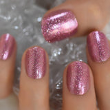 Holographic Silver Glitter Press On Nails Short Style Daily Wear Nude Pink Lady False Nails Oval Shape Nail Art Tips