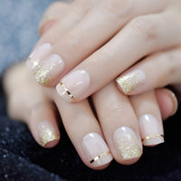 Light Pink Oval Fake Nails Daily Style Gold Glitter MOO Short Nail Art Tips Press on Nails Shimmer Manicure Tip with Adhesive