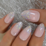 Light Pink Oval Fake Nails Daily Style Gold Glitter MOO Short Nail Art Tips Press on Nails Shimmer Manicure Tip with Adhesive