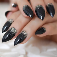 Rough Silver Glitter Faux Ongles Short Black Nails Fake Bling Lady Artificial Acrylic Nail Tips for Fingers