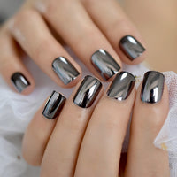 Rough Silver Glitter Faux Ongles Short Black Nails Fake Bling Lady Artificial Acrylic Nail Tips for Fingers