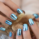 Shine Rock Style Mirror Light Fake Nail Patch Metal Plating Press On Nail Artificial Tip Light Blue Metallic Hard Nail Stuff