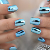 Shine Rock Style Mirror Light Fake Nail Patch Metal Plating Press On Nail Artificial Tip Light Blue Metallic Hard Nail Stuff