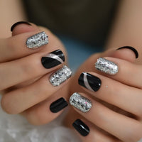 Plastic False Nail Tips Square Artificial Short French Fake Nails With Black Clear Flower Pattern Decoration Design