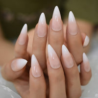 French Short Almond Fake Nails White Lined Artificial Fingernails Manicure