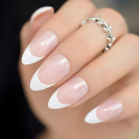 French Short Almond Fake Nails White Lined Artificial Fingernails Manicure