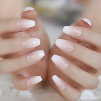 French Short Almond Fake Nails White Lined Artificial Fingernails Manicure