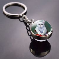 Cute Cat Picture Statement Key Chains Silver Color Metal Clear Glass Ball Keychains Kitten Key Ring Chain Women Gifts