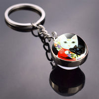 Cute Cat Picture Statement Key Chains Silver Color Metal Clear Glass Ball Keychains Kitten Key Ring Chain Women Gifts