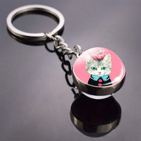 Cute Cat Picture Statement Key Chains Silver Color Metal Clear Glass Ball Keychains Kitten Key Ring Chain Women Gifts