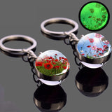 Luminous Flower Key Chain Poppy Flowers Key Ring Double Side Glass Ball Keychain Bohemia Long Chains Pendant Keyring Wholesale