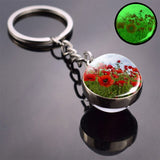 Luminous Flower Key Chain Poppy Flowers Key Ring Double Side Glass Ball Keychain Bohemia Long Chains Pendant Keyring Wholesale