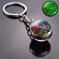 Luminous Flower Key Chain Poppy Flowers Key Ring Double Side Glass Ball Keychain Bohemia Long Chains Pendant Keyring Wholesale