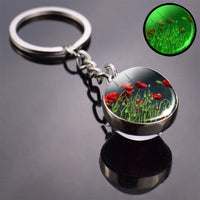 Luminous Flower Key Chain Poppy Flowers Key Ring Double Side Glass Ball Keychain Bohemia Long Chains Pendant Keyring Wholesale