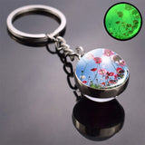 Luminous Flower Key Chain Poppy Flowers Key Ring Double Side Glass Ball Keychain Bohemia Long Chains Pendant Keyring Wholesale