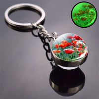 Luminous Flower Key Chain Poppy Flowers Key Ring Double Side Glass Ball Keychain Bohemia Long Chains Pendant Keyring Wholesale