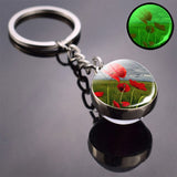 Luminous Flower Key Chain Poppy Flowers Key Ring Double Side Glass Ball Keychain Bohemia Long Chains Pendant Keyring Wholesale