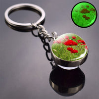 Luminous Flower Key Chain Poppy Flowers Key Ring Double Side Glass Ball Keychain Bohemia Long Chains Pendant Keyring Wholesale