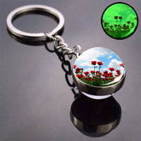 Luminous Flower Key Chain Poppy Flowers Key Ring Double Side Glass Ball Keychain Bohemia Long Chains Pendant Keyring Wholesale