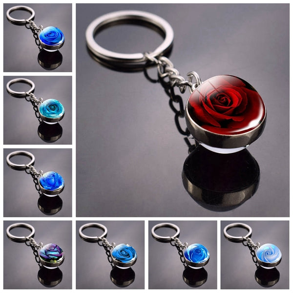 Rose Keychain Blue Enchantress Picture Double Side Cabochon Glass Ball Keychain Rose for Men for Women Valentines Gifts