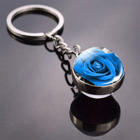 Rose Keychain Blue Enchantress Picture Double Side Cabochon Glass Ball Keychain Rose for Men for Women Valentines Gifts