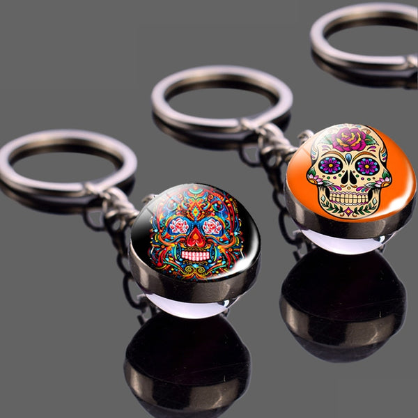 Sugar Skull Glass Ball Keychain Keyring Mexico Folk Art Pendant Dome Vintage Accessories Men Gift Wholesale