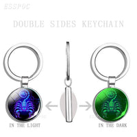 Glowing 12 Constellations Double Side Keychain Luminous Zodiac Glass Cabochon Key Chains Glow In The Dark Birthday Gift