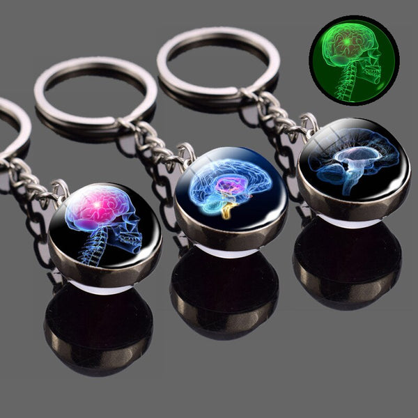 Luminous Keychain Boho Long Chains Pendant Glass Ball Keychains Keyrings for Women Men Gift Brain Photo Glow in the Dark