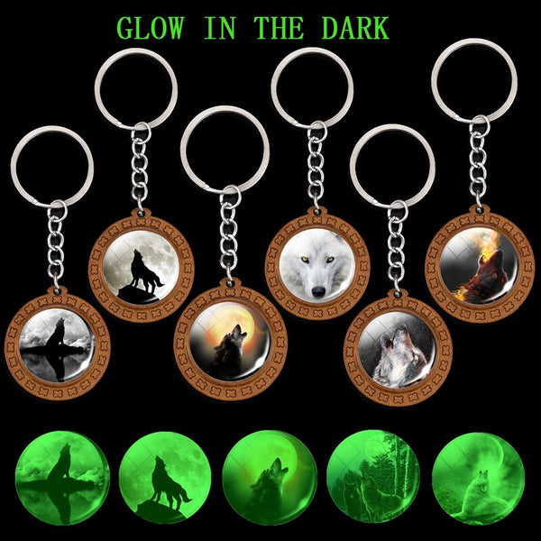 Luminous Wolf Keychain Wooden Handmade Key Chain Kryringa Bohemia Long Chains Pendant Keyholder Glow in The Dark Glass