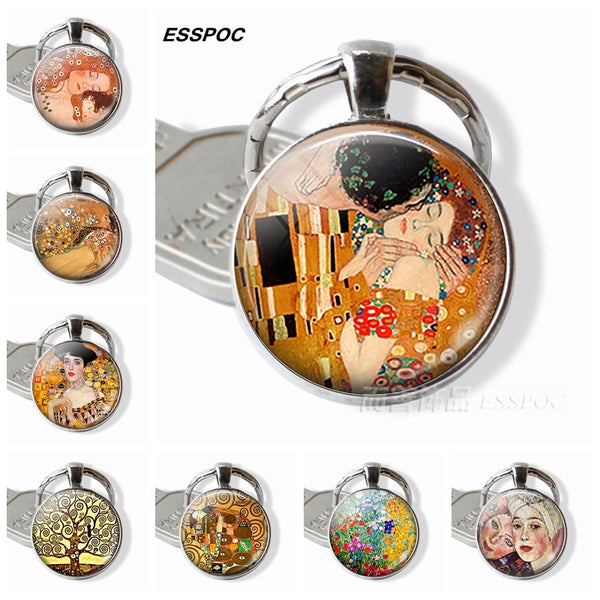 Gustav Klimt Keychain Klimt's The Kiss,Fulfillment, Water Serpents,tree of Life,farm Garden Glass Dome Metal Key Chain for Women