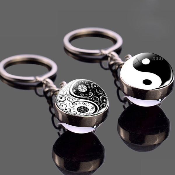 Double Side Glass Keyring Christmas Gifts Black and White Cats Keychain Yin Yang Cats Picture Glass Ball Key Chain