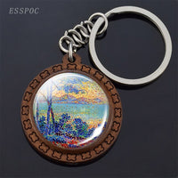 Van Gogh Oil Painting Keychain Keyrings Wooden Handmade Keychains for Women Party Vacation Gifts Accessories Wholesale