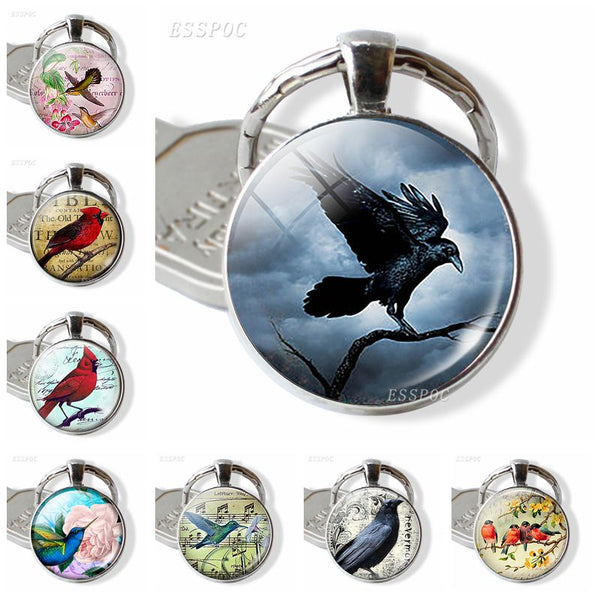 Bird Keychain Crow Robin Hummingbird Glass Cabochon Pendant Bird Metal Key Chain Birthday Gift for Friends