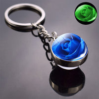 Luminous Rose Keychain Blue Enchantress Picture Double Side Cabochon Glass Ball Keychains Rose for Women Valentines Gift