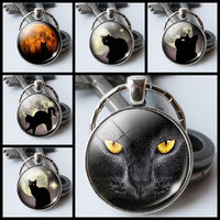 Black Cat Eyes Keychain Keyring Halloween Cat Glass Cabochon Pendant Key Chain Rings Keyholder Halloween Party Cosplay Gifts