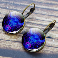 12 Constellation Earrings Simple Style Glass Dome Jewelry Zodiac Sign Ear Hoop Earring Daughter Girl Women Birthday Gifts