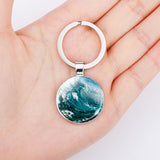 Glamorous Blue Wavy Keychain Wavy Gem Water Wave Pendant Natural Surf Glass Dome Keychain Metal Gift