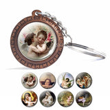 Christmas Jewelry Key Chain Cherub Angel Wings By Bouguereau " The First Kiss " Glass Cabochon Wooden Pendant Keychain Key Rings