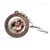 Christmas Jewelry Key Chain Cherub Angel Wings By Bouguereau " The First Kiss " Glass Cabochon Wooden Pendant Keychain Key Rings