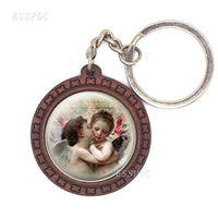 Christmas Jewelry Key Chain Cherub Angel Wings By Bouguereau " The First Kiss " Glass Cabochon Wooden Pendant Keychain Key Rings