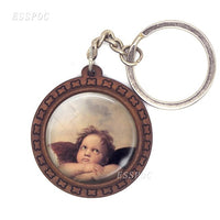 Christmas Jewelry Key Chain Cherub Angel Wings By Bouguereau " The First Kiss " Glass Cabochon Wooden Pendant Keychain Key Rings