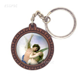 Christmas Jewelry Key Chain Cherub Angel Wings By Bouguereau " The First Kiss " Glass Cabochon Wooden Pendant Keychain Key Rings