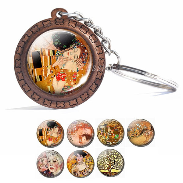 Gustav Klimt Keychain Abstract Painting Photo Glass Cabochon Wooden Key Chain Accessories for Men Women Lovers Gift