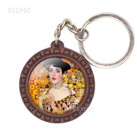 Gustav Klimt Keychain Abstract Painting Photo Glass Cabochon Wooden Key Chain Accessories for Men Women Lovers Gift