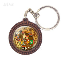 Gustav Klimt Keychain Abstract Painting Photo Glass Cabochon Wooden Key Chain Accessories for Men Women Lovers Gift