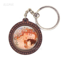 Gustav Klimt Keychain Abstract Painting Photo Glass Cabochon Wooden Key Chain Accessories for Men Women Lovers Gift