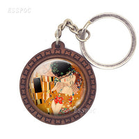 Gustav Klimt Keychain Abstract Painting Photo Glass Cabochon Wooden Key Chain Accessories for Men Women Lovers Gift