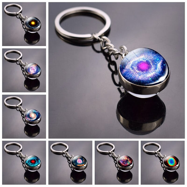 Galaxy Keychain Univers Space Art Picture Cabochon Glass Ball Key Chains Double Side Pendant Keyring Christmas Gift