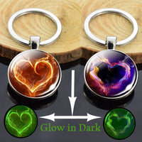 Luminous Heart Double Sides Glass Keychain Glow in the Dark Fire Dragon Swan Flower Photo Couple's Lover's Gifts Key Chain Rings