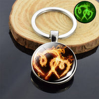 Luminous Heart Double Sides Glass Keychain Glow in the Dark Fire Dragon Swan Flower Photo Couple's Lover's Gifts Key Chain Rings